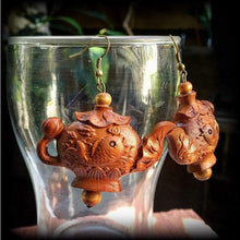 Load image into Gallery viewer, Tea Pot earrings Kitsch earrings Wood earrings Lotus earrings Koi fish earrings Carved Wood earrings High Tea earrings Japanese earrings