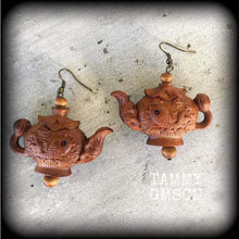 Load image into Gallery viewer, Tea Pot earrings Kitsch earrings Wood earrings Lotus earrings Koi fish earrings Carved Wood earrings High Tea earrings Japanese earrings