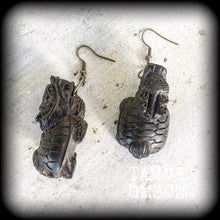 Load image into Gallery viewer, Chinese earrings Turtle earrings Carved wood earrings Mythology earrings Zodiac Dragon turtle earrings Animal earrings Foo Dog earrings