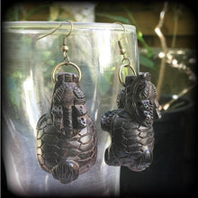 Load image into Gallery viewer, Chinese earrings Turtle earrings Carved wood earrings Mythology earrings Zodiac Dragon turtle earrings Animal earrings Foo Dog earrings
