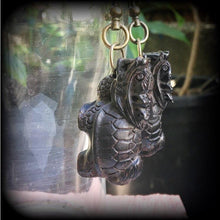 Load image into Gallery viewer, 2 gauge ear weights 8mm ear hangers Carved Wood Plug earrings Wood 8 gauge Tunnel dangles 6mm Hanging Gauges Foo Dog 0 gauge Gauged earrings