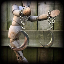 Load image into Gallery viewer, 10mm ear hangers 00 gauge plug dangles Crescent moon tunnel dangles Cresent moon gauged earrings Hanging gauges Tunnel earrings Plug earring