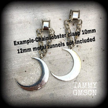 Load image into Gallery viewer, Crescent moon earrings Goddess earrings Moon phase Celestial earrings Pierced ears Stretched ears Gauged earrings Kidney hooks Lever backs