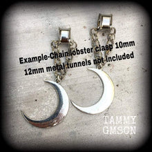 Load image into Gallery viewer, Crescent Moon plug dangles 6mm ear hangers Silver moon plug earrings Tunnel dangles Gauged earrings Hanging gauges Moon ear weights 2 gauge