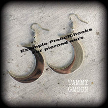 Load image into Gallery viewer, Antique silver crescent moon earrings Goddess earrings Moon earrings Witchy earrings Plug earrings Wicca jewelry Pagan Pan Nature