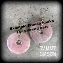 Load image into Gallery viewer, Rose quartz ear weights 2 gauge ear hangers 6mm tunnel dangles 8mm gemstone weights Hanging gauges 4mm plug dangles 10mm gauged earrings