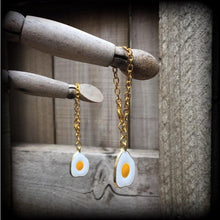 Load image into Gallery viewer, Egg earrings Food earrings Kawaii earrings Egg jewelry 6mm tunnel earrings 2 gauge tunnel dangles Plug earrings Pierced ears Gauged earrings