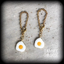 Load image into Gallery viewer, Egg earrings Food earrings Kawaii earrings Egg jewelry 6mm tunnel earrings 2 gauge tunnel dangles Plug earrings Pierced ears Gauged earrings