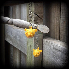 Load image into Gallery viewer, Fugu earrings Fish earrings Japanese earrings Takifugu Sashimi Pufferfish earrings 8 gauge tunnel dangles 4mm ear hangers Bogeo Bok Gauges