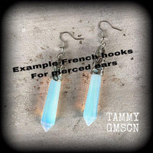 Load image into Gallery viewer, 10mm weights, 00 gauge weights, Opalite ear hangers, Gemstone ear weights, Plug dangles, Gauged earrings, Tunnel dangles, Hanging gauges 0g