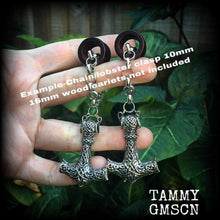 Load image into Gallery viewer, Thors Hammer earrings Rune Viking Plug earrings Occult Viking Norse Esoteric Gauged earrings Pierced ears Tunnel dangles Ear weights 00g 0g