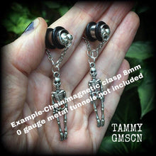 Load image into Gallery viewer, Skeleton earrings Bone earrings Halloween Earrings Dangle earrings Zombie earring Pierced ears Samhain earrings Tunnel dangles Plug earrings