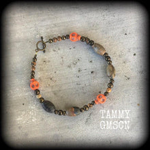 Load image into Gallery viewer, Voodoo bracelet Jasper bracelet Skull bracelet Industrial Gothic Emo Los Muertos Santeria Halloween bracelet Papa Legba bracelet Loa jewelry