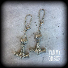 Load image into Gallery viewer, Thors Hammer earrings Rune Viking Plug earrings Occult Viking Norse Esoteric Gauged earrings Pierced ears Tunnel dangles Ear weights 00g 0g