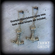 Load image into Gallery viewer, Thors Hammer earrings Rune Viking Plug earrings Occult Viking Norse Esoteric Gauged earrings Pierced ears Tunnel dangles Ear weights 00g 0g