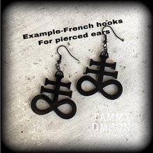 Load image into Gallery viewer, Brimstone earrings Occult earrings Church of Satan earrings Sigil of Sulphur 20g Plug dangles Earrings for stretched lobes and pierced ears