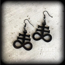 Load image into Gallery viewer, Brimstone earrings Occult earrings Church of Satan earrings Sigil of Sulphur 20g Plug dangles Earrings for stretched lobes and pierced ears