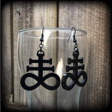 Load image into Gallery viewer, Brimstone earrings Occult earrings Church of Satan earrings Sigil of Sulphur 20g Plug dangles Earrings for stretched lobes and pierced ears
