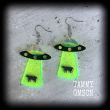 Load image into Gallery viewer, UFO earrings Alien earrings Space earrings Space ship earrings XFiles earrings Alien abduction Tunnel earrings Plug earrings Gauged earrings