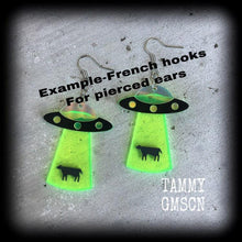 Load image into Gallery viewer, UFO earrings Alien earrings Space earrings Space ship earrings XFiles earrings Alien abduction Tunnel earrings Plug earrings Gauged earrings