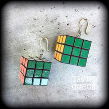 Load image into Gallery viewer, Rubiks cube earrings Magic cube earrings Nerd earrings Gamer earrings Retro earrings Pop Culture 80's jewelry 3mm tunnel earrings 8 gauge