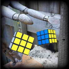 Load image into Gallery viewer, Rubiks cube earrings Magic cube earrings Nerd earrings Gamer earrings Retro earrings Pop Culture 80's jewelry 3mm tunnel earrings 8 gauge