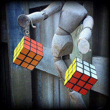 Load image into Gallery viewer, Rubiks cube earrings Magic cube earrings Nerd earrings Gamer earrings Retro earrings Pop Culture 80's jewelry 3mm tunnel earrings 8 gauge