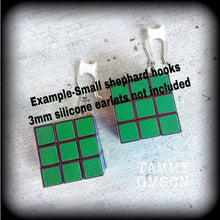 Load image into Gallery viewer, Rubiks cube earrings Magic cube earrings Nerd earrings Gamer earrings Retro earrings Pop Culture 80's jewelry 3mm tunnel earrings 8 gauge
