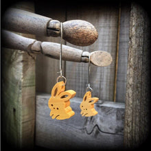 Load image into Gallery viewer, Rabbit earrings Cute earrings Pet earrings Wood earrings Animal earrings Dangle earrings Organic earrings 2g Plug dangles 3mm Tunnel dangles