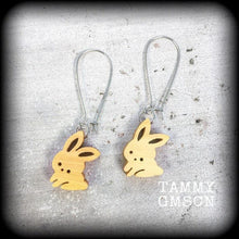 Load image into Gallery viewer, Rabbit earrings Cute earrings Pet earrings Wood earrings Animal earrings Dangle earrings Organic earrings 2g Plug dangles 3mm Tunnel dangles