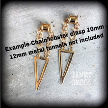 Load image into Gallery viewer, Triangle earrings Sacred geometry Alchemy earrings Inverted triangle Elemental jewelry Sigil earrings Dangle earring 3mm 4mm Gauged earrings