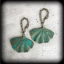 Load image into Gallery viewer, Leaf earrings Ginko earrings Goddess jewelry Nature jewelry Plug earrings Patina earrings Gauged earrings 6mm tunnel dangles 8mm plug dangle