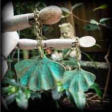 Load image into Gallery viewer, Leaf earrings Ginko earrings Goddess jewelry Nature jewelry Plug earrings Patina earrings Gauged earrings 6mm tunnel dangles 8mm plug dangle