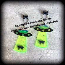 Load image into Gallery viewer, UFO earrings Alien earrings Space earrings Space ship earrings XFiles earrings Alien abduction Tunnel earrings Plug earrings Gauged earrings
