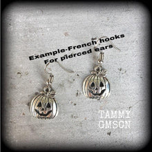 Load image into Gallery viewer, Halloween Earrings Pumpkin Earrings Jack O' Lantern Pumpkin Dangle earrings Pumpkinhead Zombie Horror Movie Pierced ears Samhain Los Muertos