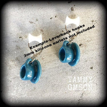 Load image into Gallery viewer, Tea cup earrings Tea Party earrings Kawaii earrings Barista jewelry Alice in Wonderland Plug earrings 3mm plug dangles 6mm tunnel earrings