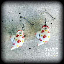Load image into Gallery viewer, Tea Pot earrings Heart earrings Retro earrings Alice in Wonderland Devonshire Tea Tunnel earrings Queen of hearts Pierced ears Plug earrings