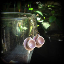 Load image into Gallery viewer, Tea cup earrings Tea Party earrings Kawaii earrings Pink earrings Alice in Wonderland 3mm plug earrings 3mm plug dangles 6mm tunnel earrings