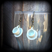 Load image into Gallery viewer, Tea cup earrings Tea Party earrings Gifts for girls Alice in Wonderland Pierced ears 3mm plug earrings 4mm plug dangles 6mm tunnel earrings
