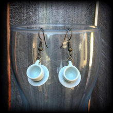 Load image into Gallery viewer, Tea cup earrings Tea Party earrings Gifts for girls Alice in Wonderland Pierced ears 3mm plug earrings 4mm plug dangles 6mm tunnel earrings