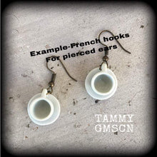 Load image into Gallery viewer, Tea cup earrings Tea Party earrings Gifts for girls Alice in Wonderland Pierced ears 3mm plug earrings 4mm plug dangles 6mm tunnel earrings