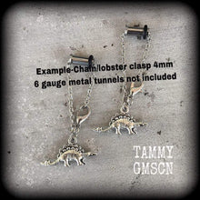 Load image into Gallery viewer, Dinosaur tunnel dangles 4 gauge weights 4mm Gauged earrings Stegosaurus 6mm ear hangers Hanging gauges Reptile jewelry 5mm plug dangles 2g