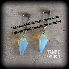 Load image into Gallery viewer, 8mm 0 gauge tunnel dangles Opalite ear weights 6 gauge Moonstone ear hangers 2 gauge Tunnel earrings 10mm Gauges Plug earrings Plug dangles