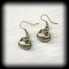 Load image into Gallery viewer, Halloween earrings Samhain earrings Christmas earrings Jack Skellington NMBC earrings Tim Burton earrings Tunnel dangles Plug dangles 3mm