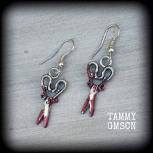 Load image into Gallery viewer, Scissors earrings Halloween earrings Horror movie earrings Psycho earrings Mudrer weapons Gore earrings Morgue earrings Plug earrings Gauges