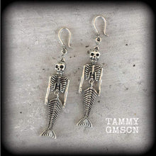 Load image into Gallery viewer, Mermaid earrings Merman earrings Skeleton earrings Halloween earrings Ear hangers Dangle earrings Samhain earrings Tunnel dangles 3mm gauges