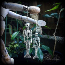 Load image into Gallery viewer, Mermaid earrings Merman earrings Skeleton earrings Halloween earrings Ear hangers Dangle earrings Samhain earrings Tunnel dangles 3mm gauges