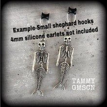 Load image into Gallery viewer, Mermaid earrings Merman earrings Skeleton earrings Halloween earrings Ear hangers Dangle earrings Samhain earrings Tunnel dangles 3mm gauges