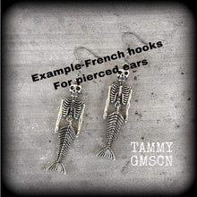 Load image into Gallery viewer, Mermaid earrings Merman earrings Skeleton earrings Halloween earrings Ear hangers Dangle earrings Samhain earrings Tunnel dangles 3mm gauges
