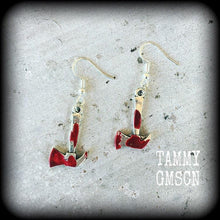 Load image into Gallery viewer, Pickaxe earrings Hatchet earrings Lizzie Borden earrings Weapon earrings Tunnel earrings Plug earrings Murder weapon earrings Gore jewelry